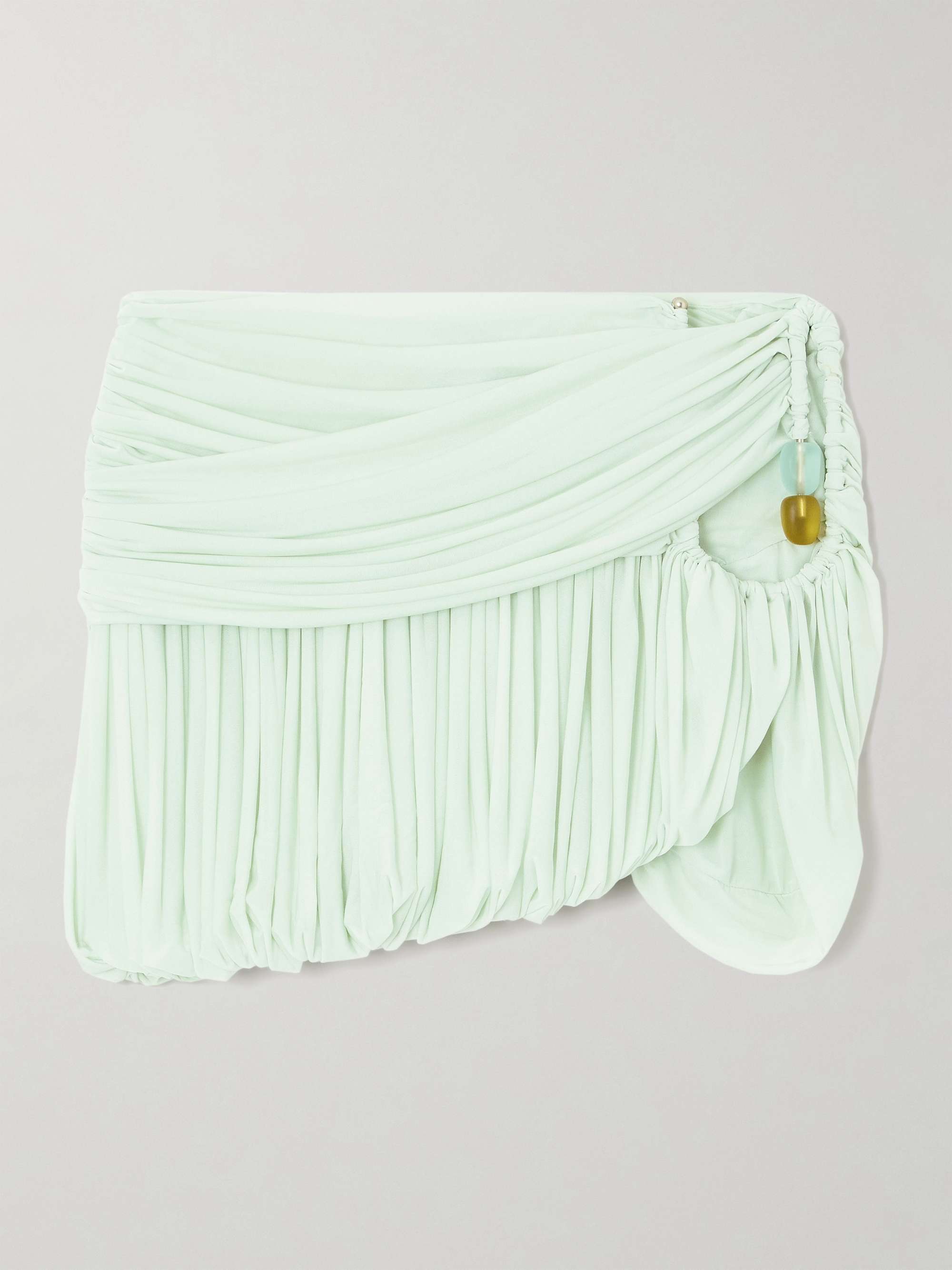 Embellished Cutout Ruched Jersey Mini Skirt
