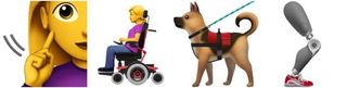emojis of the sign language gesture for "deaf," a person in a wheelchair, a prosthetic leg, and a service dog