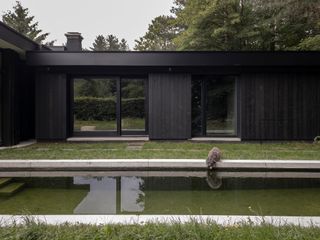 Black tiber clad house BPB by David Bulckaen against green pond