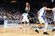 Braylon Mullins #24 of the UConn Huskies hits the game-winning shot in the second half against the Duke Blue Devils during the Elite Eight round game of the 2026 NCAA Men's Basketball Tournament held at Capital One Arena on March 29, 2026 in Washington, DC. 