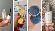 Collage of the woman&home beauty product empties in May 2025 (L-R) Blink Brow Bar Brow Boost Serum, Murad Heartleaf Soothing Face Cleanser, Tatcha Indigo Cleansing Balm and Dr Hauschka Facial Toner