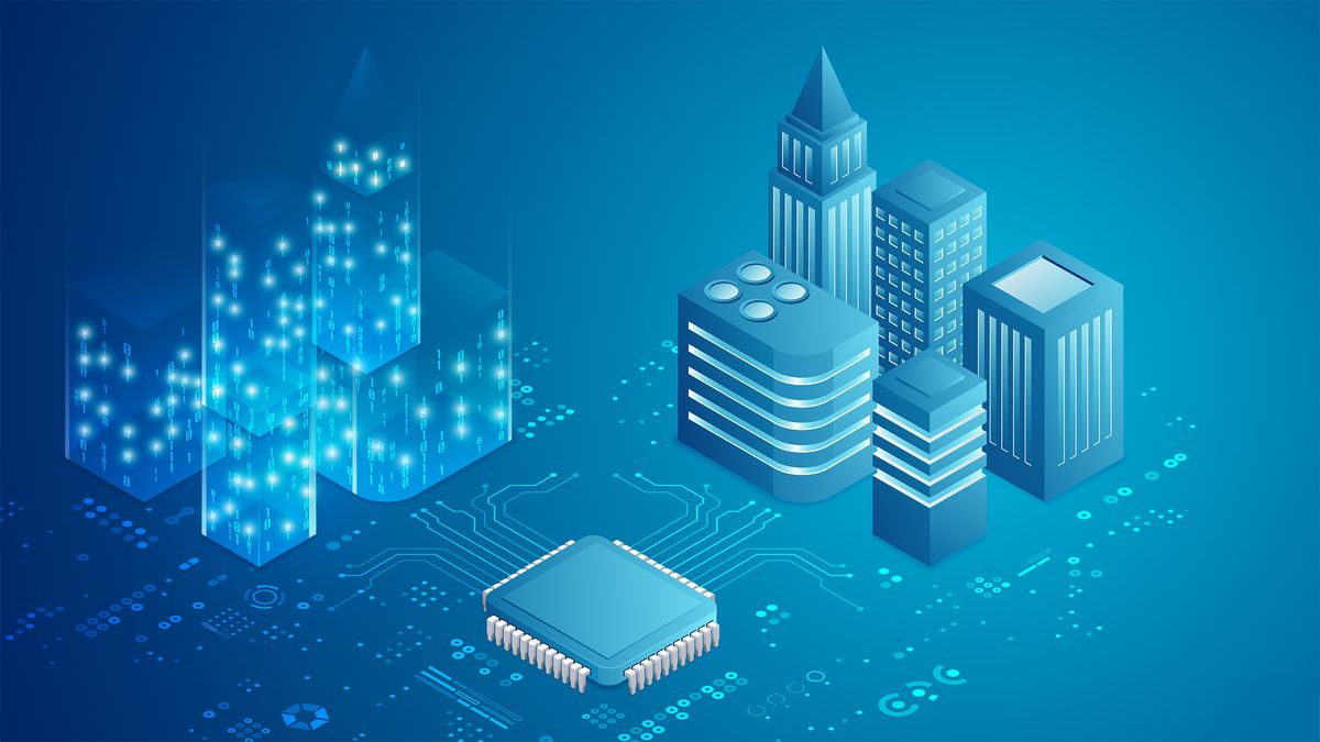 An illustration of two identical cities, one physical, the other made of binary, facing each other