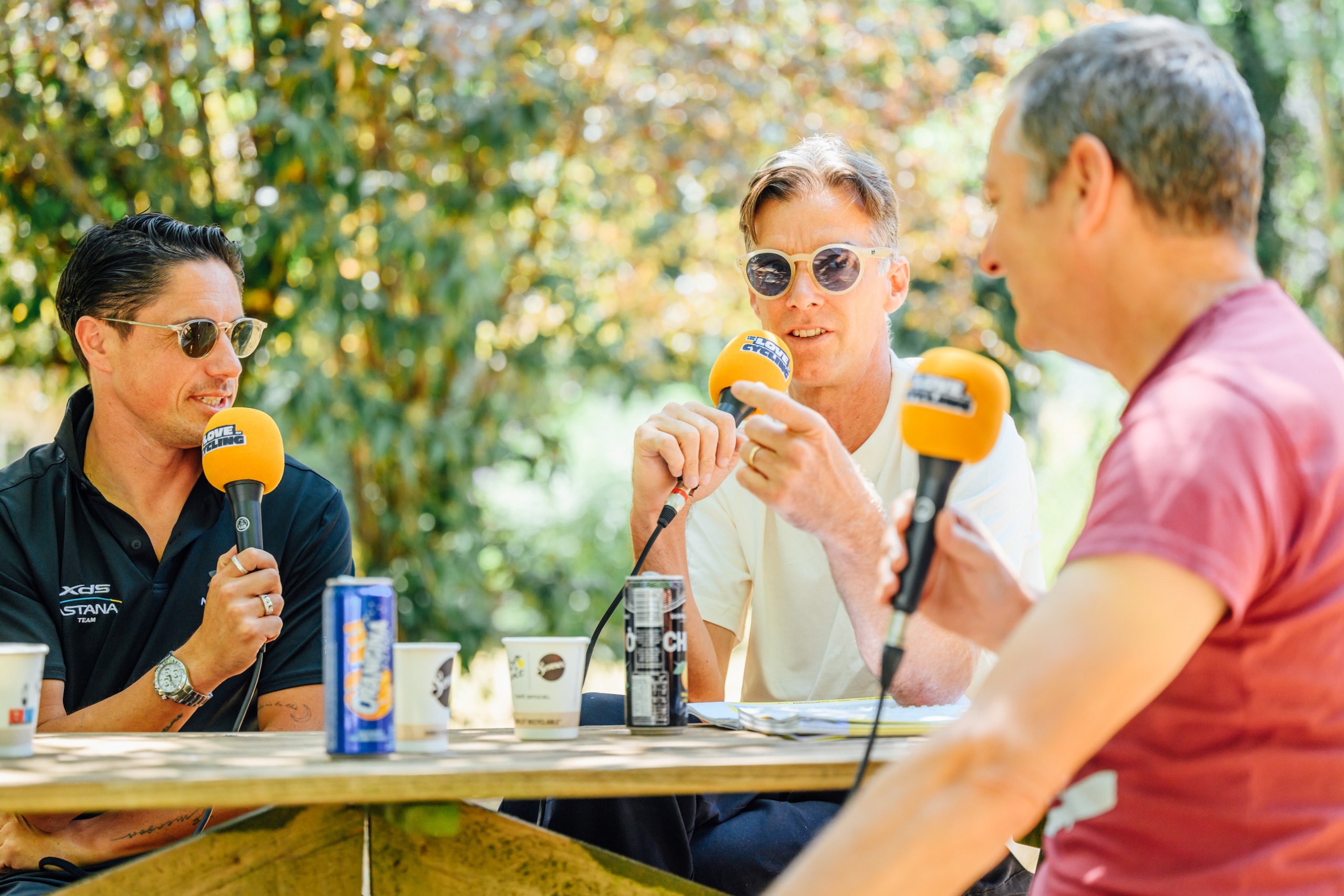Ned Boulting at the Tour de France recording his podcast with Peter Kennaugh and David Millar