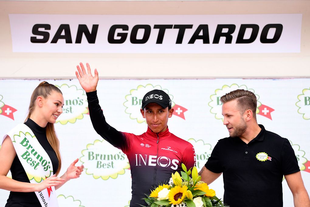 Egan Bernal on the Tour de Suisse podium after winning stage 7