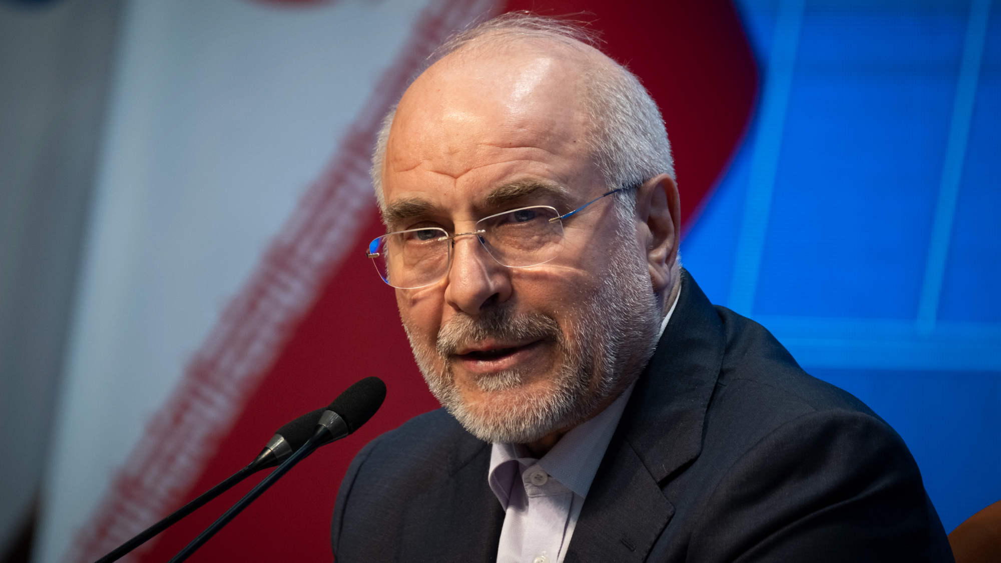 Iranian Parliament Speaker Mohammad Bagher Ghalibaf speaks with the media in December 2025