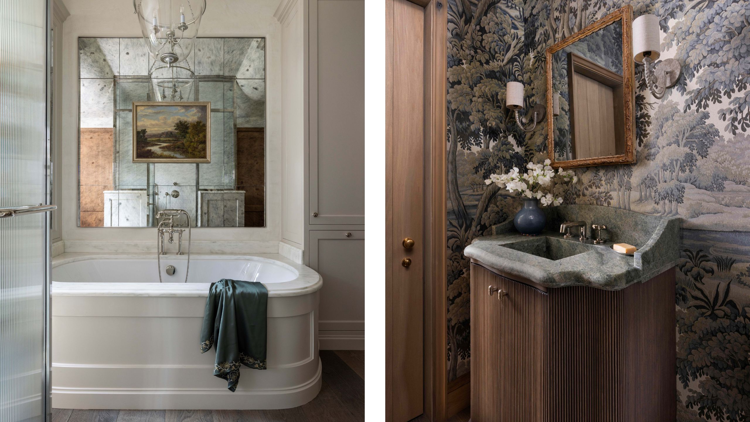 two side by side images of bathrooms in a Kiawah Island home with antique mirrors, vintage art, freestanding tub and a mural wrapped powder room