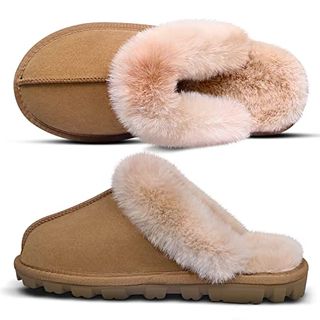 Ezsurf Womens Fuzzy Outdoor House Slippers Super Soft Slip on Slippers Cozy Plush Faux Fur Scuff Indoor Fluffy Slipper Shoes Rubber Sole,chestnut 9-10