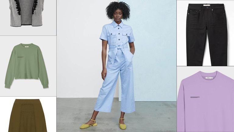 Best sustainable fashion brands, pictured from left Harem London / Pangaia / Knitss / Ilke+ Ernie / White Stuff