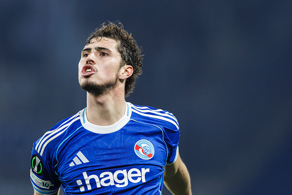 Joaquin Panichelli of Strasbourg reacts during the UEFA Conference League 2025/26 round of 16 second leg match between RC Strasbourg Alsace and HNK Rijeka