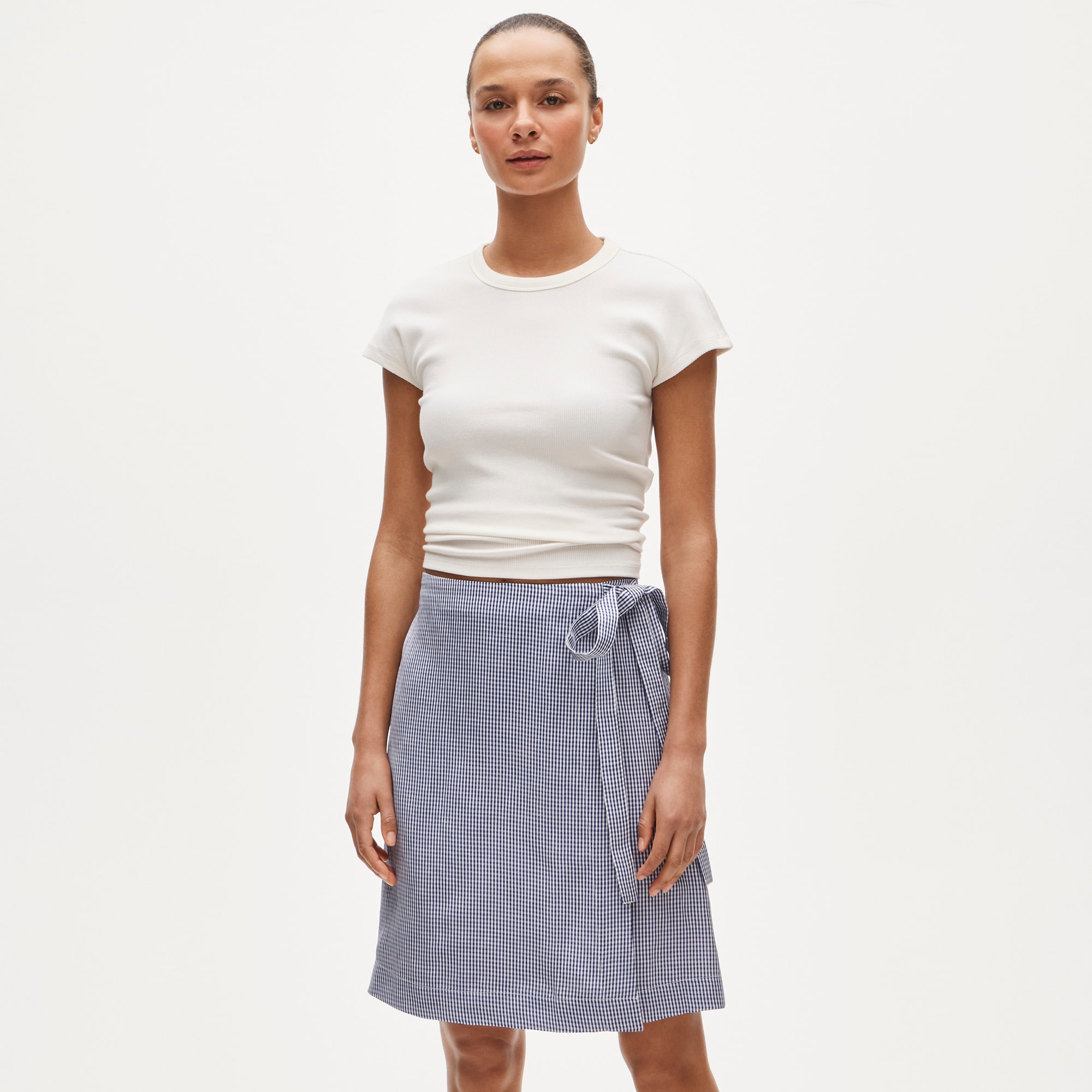 Faux-Wrap Skirt in Gingham Linen Blend