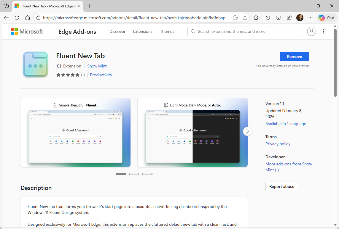 Fluent New Tab at Microsoft Edge Add-ons