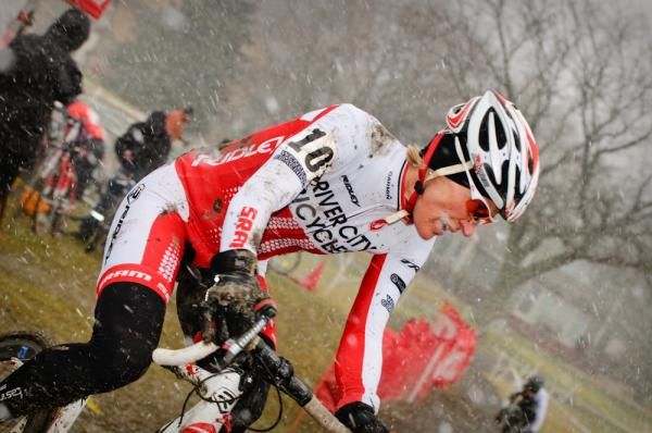 Sue Butler (River City Bicycles) passed Annis in the snow