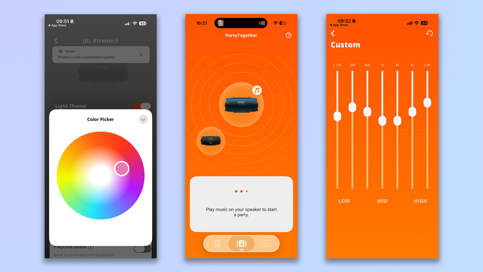 the jbl xtreme 5 shown in the jbl portable app showing auracast partytogether, eq, and color light selection