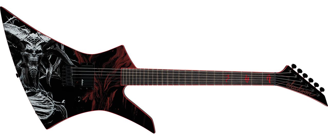 The Jackson X Series Diablo IV Kelly features graphic artwork of the videogame franchise's Mephisto