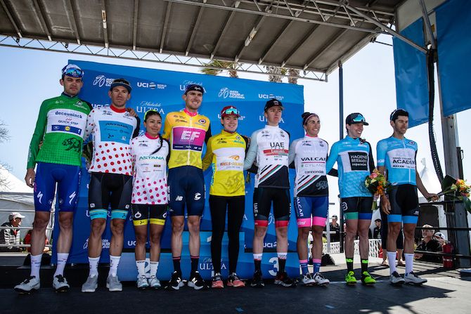 The jersey leaders after stage 1 of the 2019 Tour of California Women's Race and stage 5 of the men's race