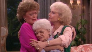 Rue McClanahan Betty White and Estelle Getty stand together crying in The Golden Girls series finale.