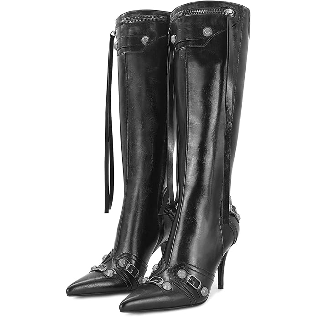 Dsevht, Dsevht Stiletto Black Knee High Boots for Women Sexy Pointed Toe Rivets Tassel Fashion Studded High Heel Tall Long Boot Zipper