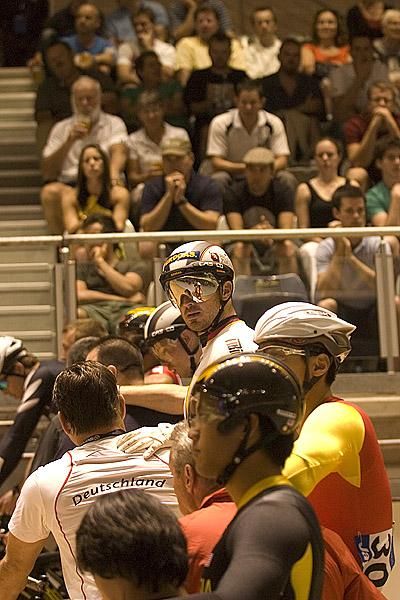 German rider Carsten Bergemann stands (or sits) head and shoulders above the pack in the mens' keirin final.