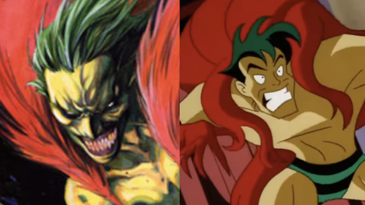 Side by side: close-up of The Creeper with long green hair and sharp teeth on DC Dark Universe cover, The Creeper from The New Batman Animated Adventures