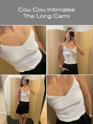 Editor trying on the best white tank tops.