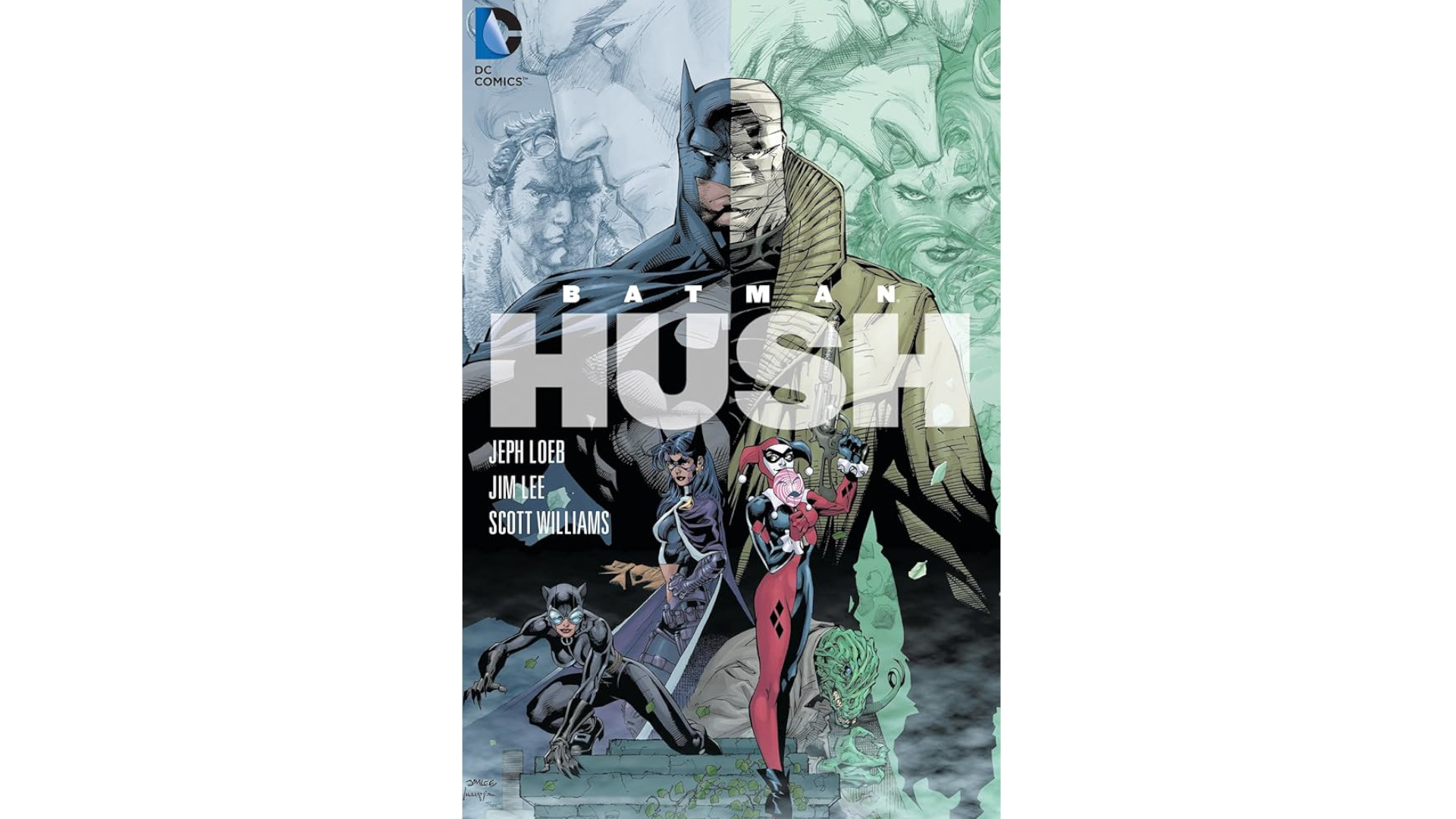 Okładka filmu Batman: Hush z grupą złoczyńców i Brucem Wayne’em.