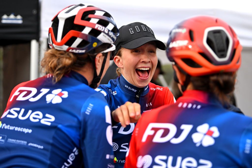 NOREFJELL NORWAY AUGUST 24 Stage winner Cecilie Uttrup Ludwig of Denmark and Team FDJSuez celebrates at finish line with teammates the 9th Tour of Scandinavia 2023 Battle Of The North Stage 2 a 1505km stage from Vikersund to Norefjell 791m UCIWWT on August 24 2023 in Norefjell Norway Photo by Luc ClaessenGetty Images