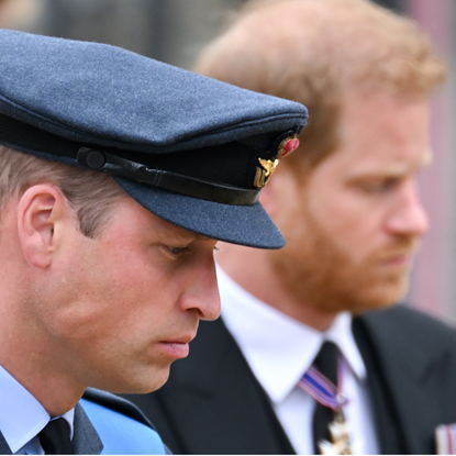 rince William, Prince of Wales and Prince Harry, Duke of Sussex during the State Funeral of Queen Elizabeth II at Westminster Abbey on September 19, 2022 in London