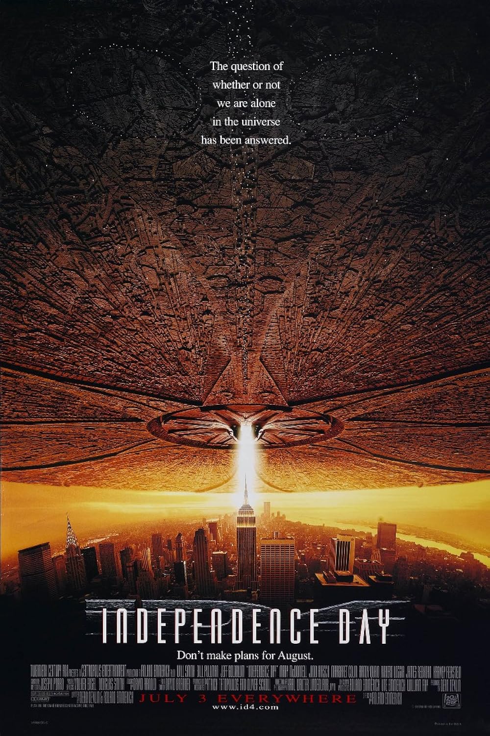 The movie poster for Independence Day (1996), showing a huge spaceship over New York.