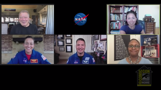 William Shatner hosts a virtual panel on NASA's Artemis program at San Diego Comic-Con, on July 25, 2020. Panelists included NASA astronauts Nicole Mann and Kjell Lindgren as well as space technology expert LaNetra Tate, and spacesuit engineer Lindsay Aitchison.