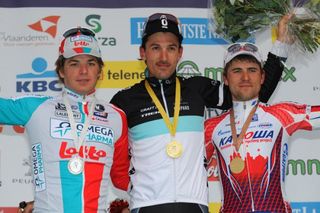 The E3 Prijs Vlaanderen - Harelbeke podium: Jurgen Roelandts (2nd), Fabian Cancellara (1st) and Vladimir Gusev (3rd)