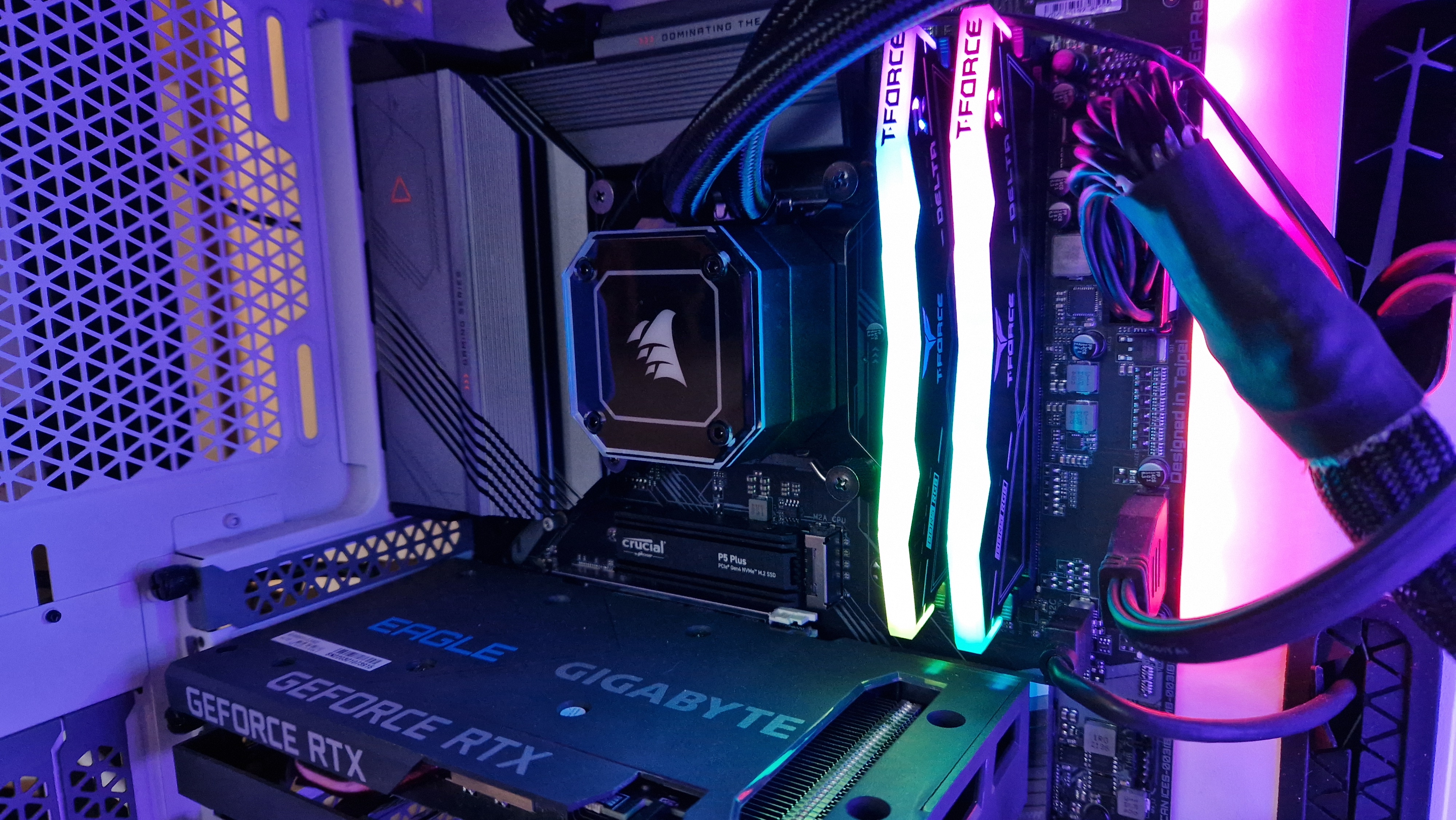 T-Force Delta RGB DDR5 review image of the RAM lit up in a gaming PC
