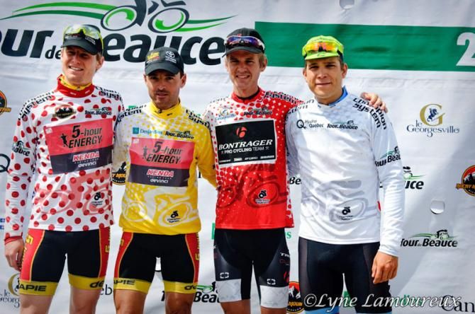 The jerseys after stage 3: Jim Stemper (5-Hr Energy), Francisco Mancebo (5-Hr Energy), Nathan Brown (Bontrager) and Guillaume Boivin (Canada)