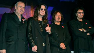 (from left) Bill Ward, Ozzy Osbourne, Geezer Butler and Tony Iommi of the Hard Rock Band Black Sabbath attend the Black Sabbath press conference announcing their reunion at The Whiskey A Go Go on November 11, 2011 in West Hollywood, California.