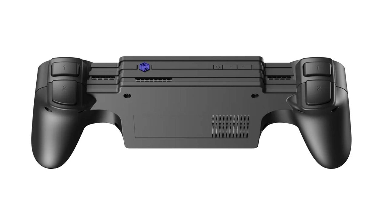 View of Yoniq Portal PS2 handheld top with blue power button in view.