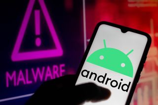 A smartphone screen displaying the Android name and logo next to a sign reading 'MALWARE'.