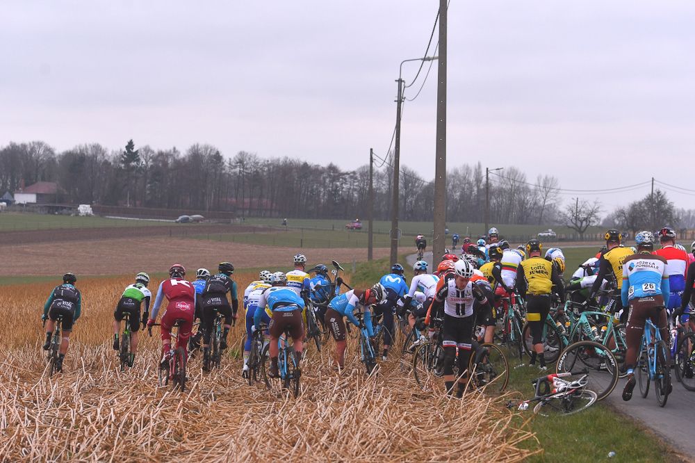 A crash with 100km to go at E3 Harelbeke
