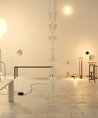 Flos-produced lighting series ‘String’ and ‘Arrangements’ are exhibited in individual rooms and custom-designed configurations here