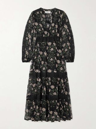 Elizabeth Tiered Lace-Trimmed Floral-Print Crepon Midi Dress