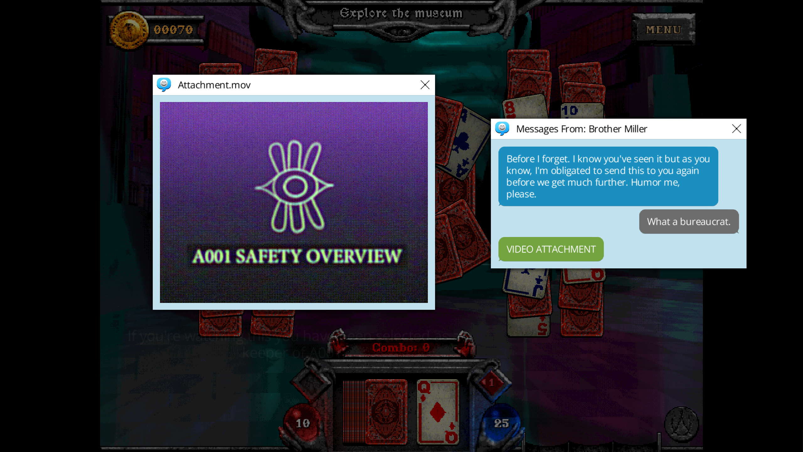 An instant message in Forbidden Solitaires The Discarded DLC. A video plays in a PC window with a symbol for an eye.