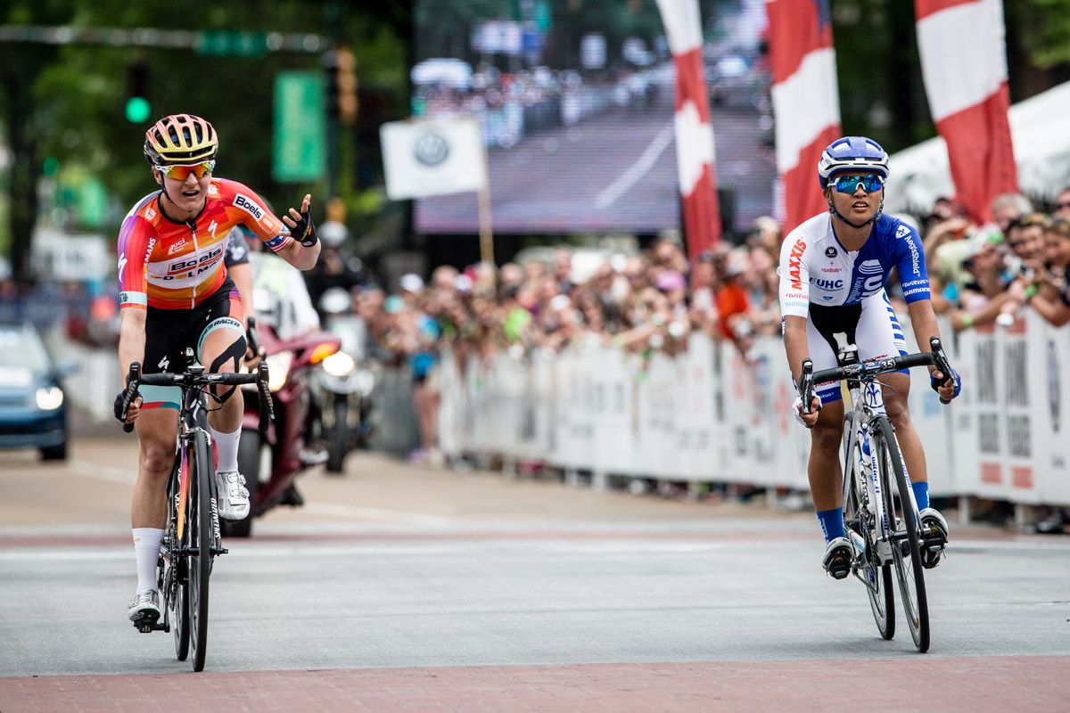 Megan Guarnier (Boels-Dolmans) can&rsquo;t believe how close the sprint finish was.