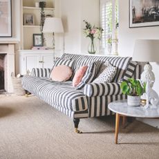 Carpeted living room with a white and black striped sofa against the right wall