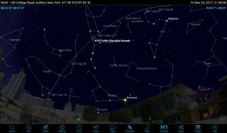 Comet 41P/Tuttle-Giacobini-Kresak, now visible in binoculars under a dark sky, is in the northern sky this month, passing through the bowl of the Big Dipper on March 23-25. Look for a faint, greenish patch of light.