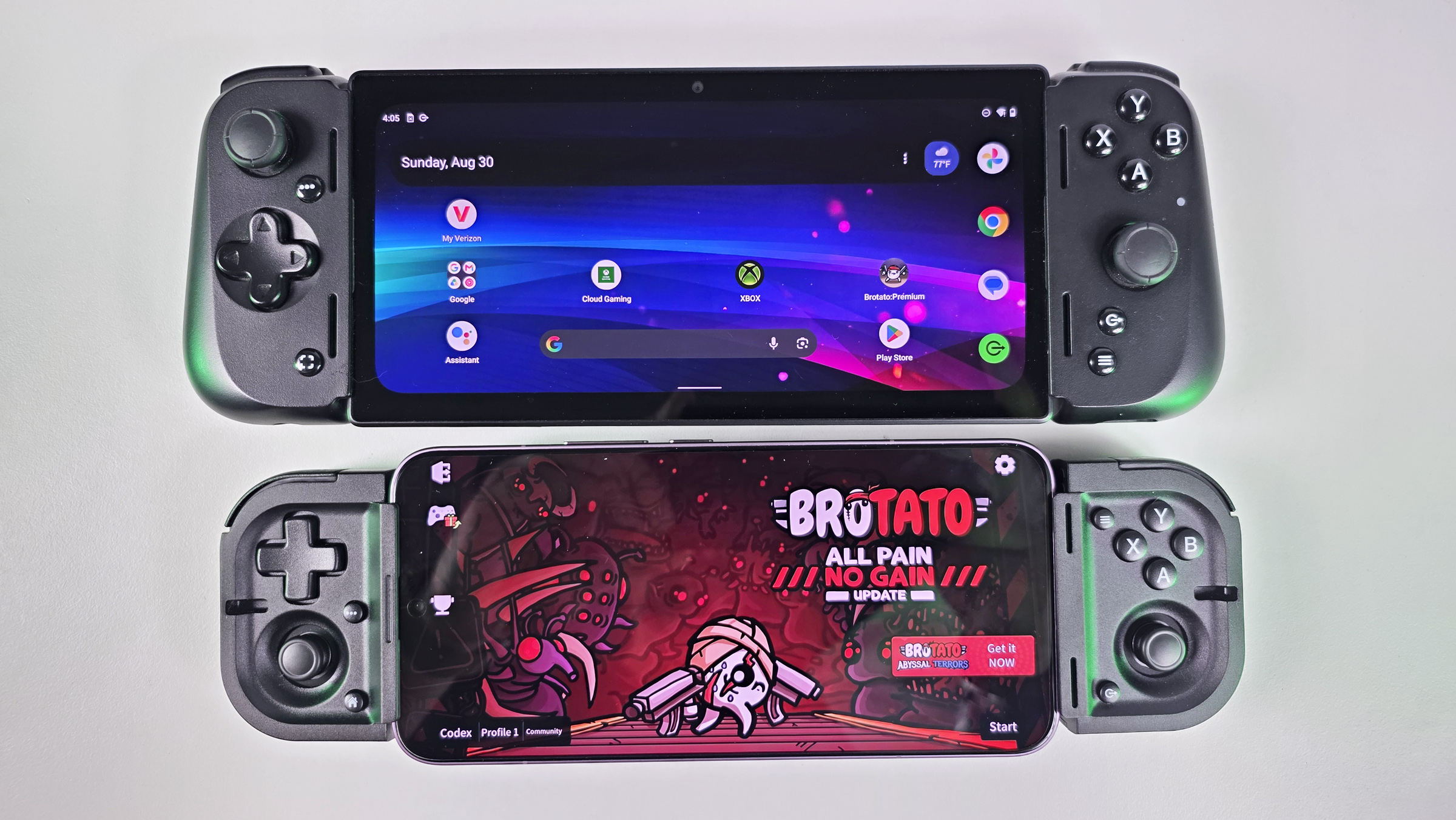 Direct comparison between Razer Edge at top and a smartphone docked inside the compact Razer Prio controller at bottom.