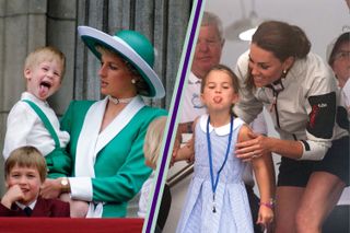 Prince Harry sticking his tongue out and Princess Diana in split layout with Princess Charlotte sticking her tongue out with Kate Middleton looking on