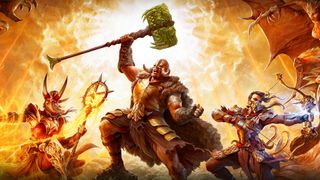 Diablo 4 season 4 loot reborn key art of a barbarian rogue and sorceress on a bright background