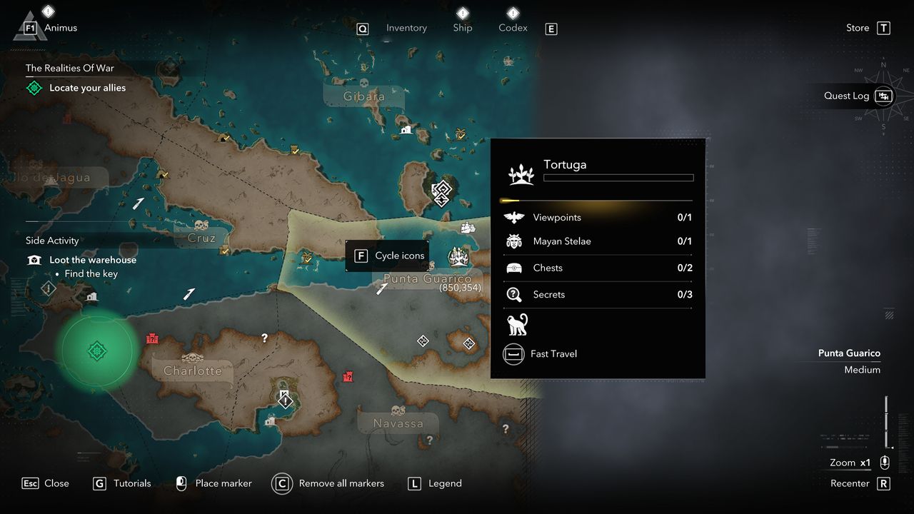 Black Flag Mayan stones: A map showing the location of a Mayan stone/stele on Tortuga, Punta Guarico.