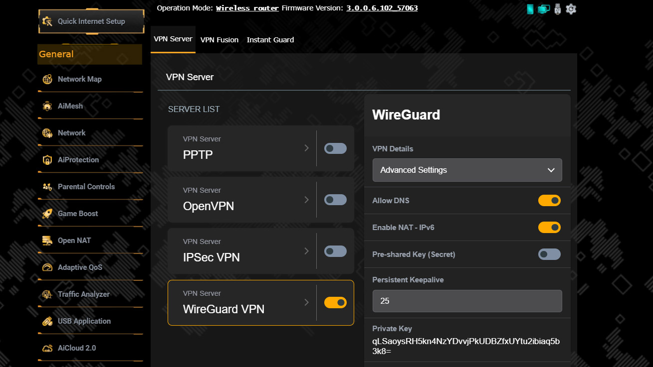 A screenshot of the Asus TUF Gaming BE6500 router web interface.