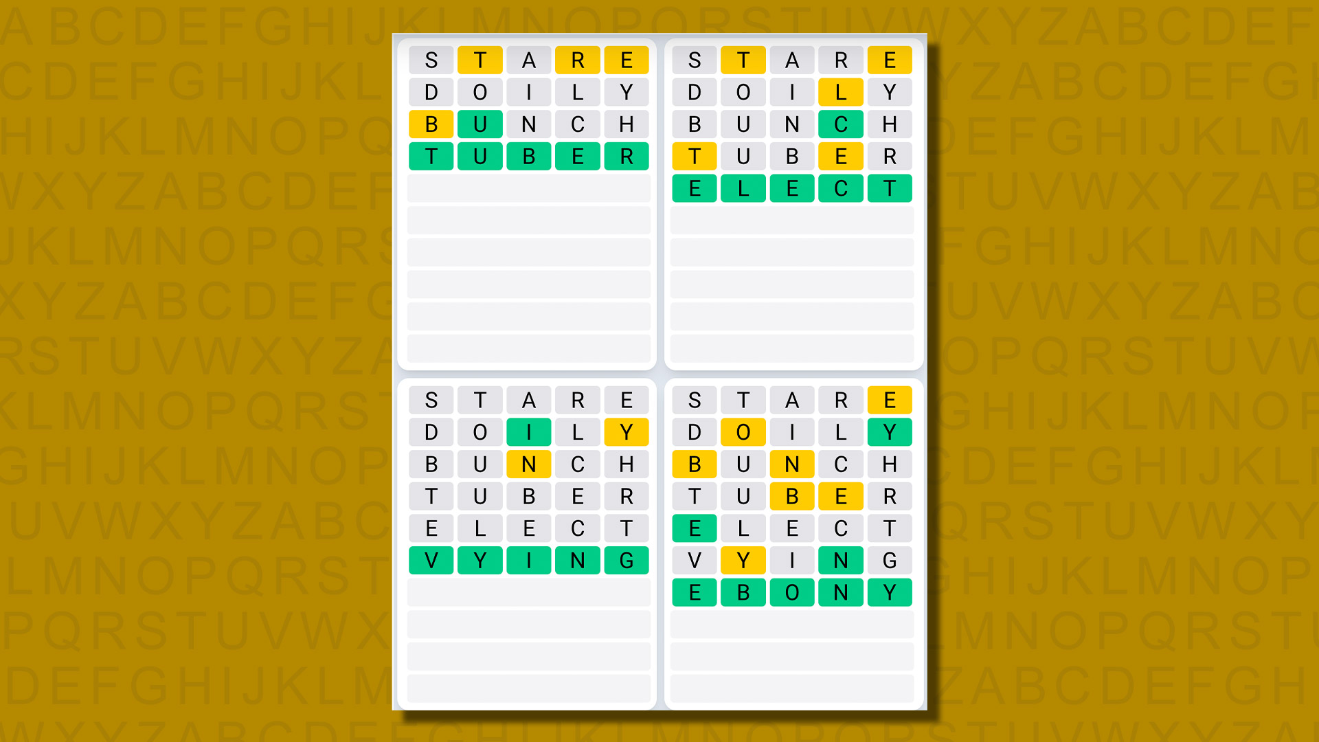 Ежедневная последовательность ответов Quordle для игры 662 на желтом фоне