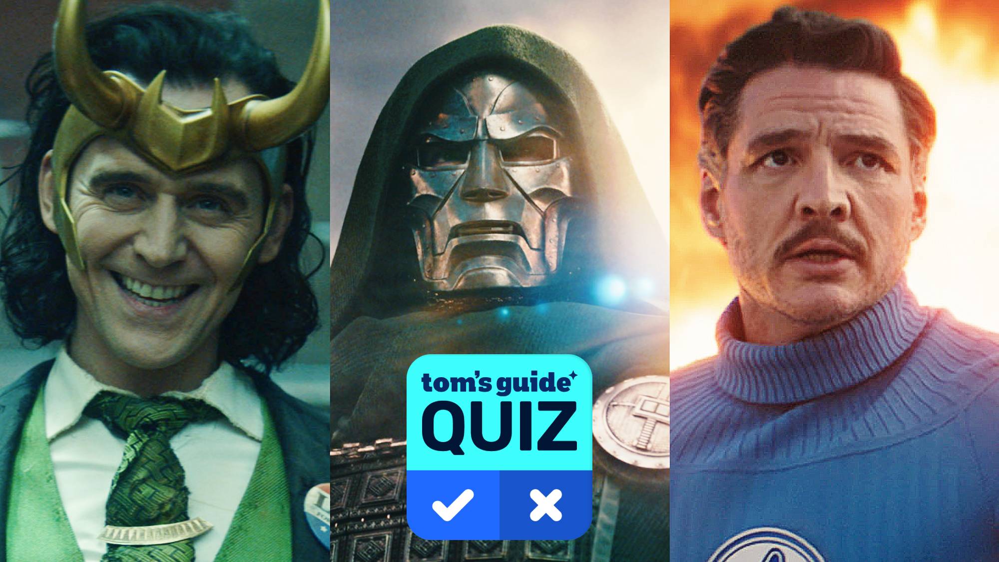 Tom Hiddleston as Loki in "Loki," Robert Downey Jr. as Doctor Doom in "Avengers: Doomsday," and Pedro Pascal as Reed Richards in "The Fantastic Four: First Steps"