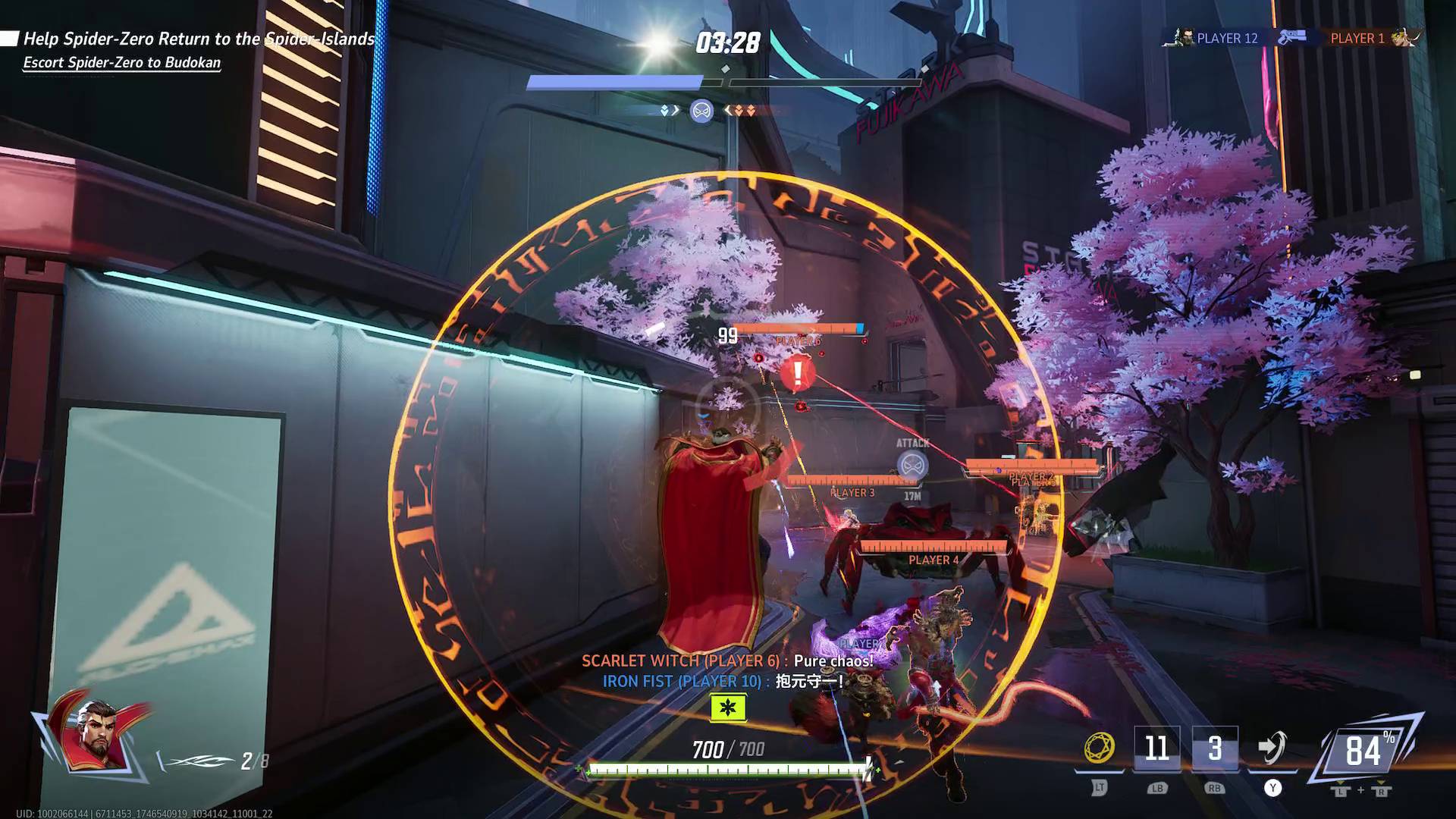 Marvel Rivals Doctor Strange holding shield up in front of enemies and Scarlet Witch using her ultimate